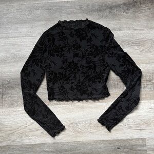 Women's Black Floral Velvet Burnout Long Sleeve Crop Top